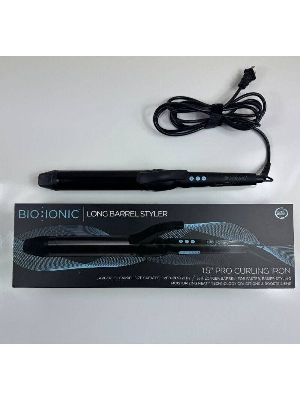BIO IONIC Long Barrel Curling Iron Styler 1.5-Inch Black Nanoionic Beachy Waves
